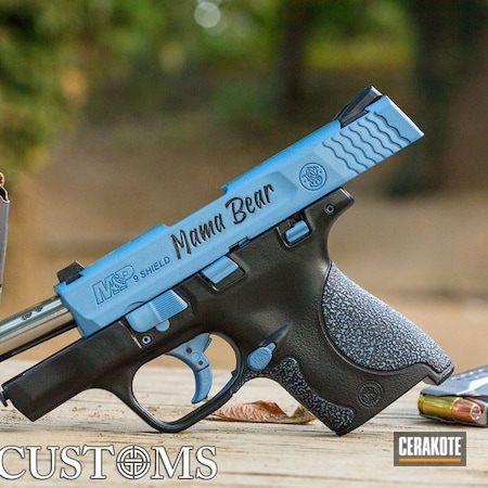 Powder Coating: Laser Engrave,Smith & Wesson,Smith & Wesson M&P Shield,Distressed,Gun Coatings,M&P Shield,Gloss Black H-109,S.H.O.T,Pistol,POLAR BLUE H-326,M&P Shield 9mm