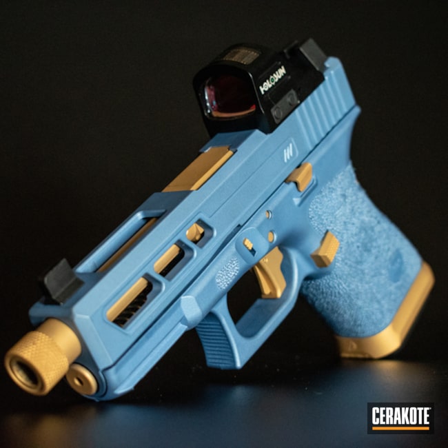Cerakoted: S.H.O.T,Glock 19,Two Tone,Pistol,Glock,Gun Coatings,Gold H-122,POLAR BLUE H-326