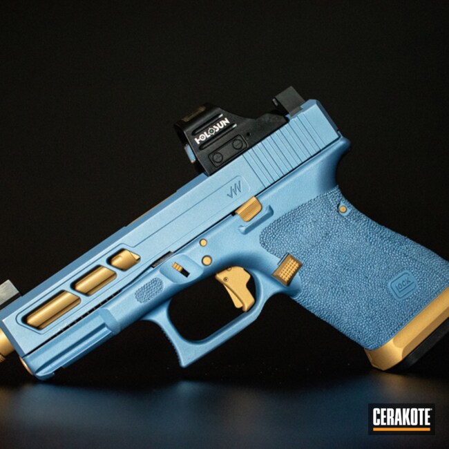 Cerakoted Custom Glock 19 Handgun Cerakoted With H-122 Gold And H-326 Polar Blue