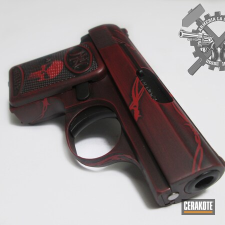 Powder Coating: Graphite Black H-146,Crimson H-221,Distressed,Gun Coatings,S.H.O.T,Pistol,FN Mfg.