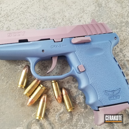 Powder Coating: 9mm,Gun Coatings,Two Tone,PINK CHAMPAGNE H-311,S.H.O.T,Handguns,Pistol,POLAR BLUE H-326,SCCY