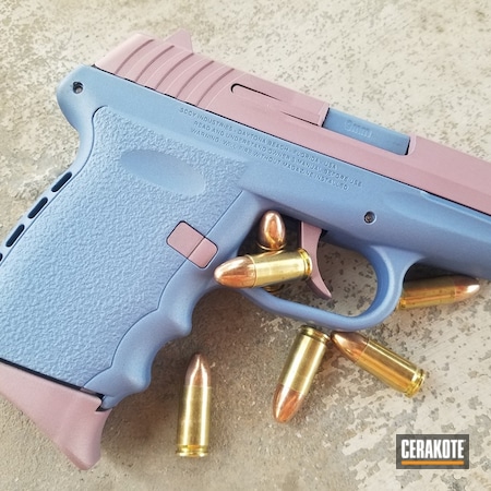 Powder Coating: 9mm,Gun Coatings,Two Tone,PINK CHAMPAGNE H-311,S.H.O.T,Handguns,Pistol,POLAR BLUE H-326,SCCY