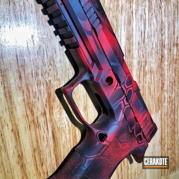 Cerakoted Sig Sauer P320 Handgun With A Red, Grey And Black Kryptek Finish