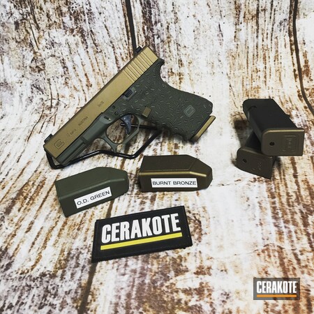 Powder Coating: Glock,Gun Coatings,Two Tone,S.H.O.T,Pistol,Glock 19,O.D. Green H-236,Burnt Bronze H-148