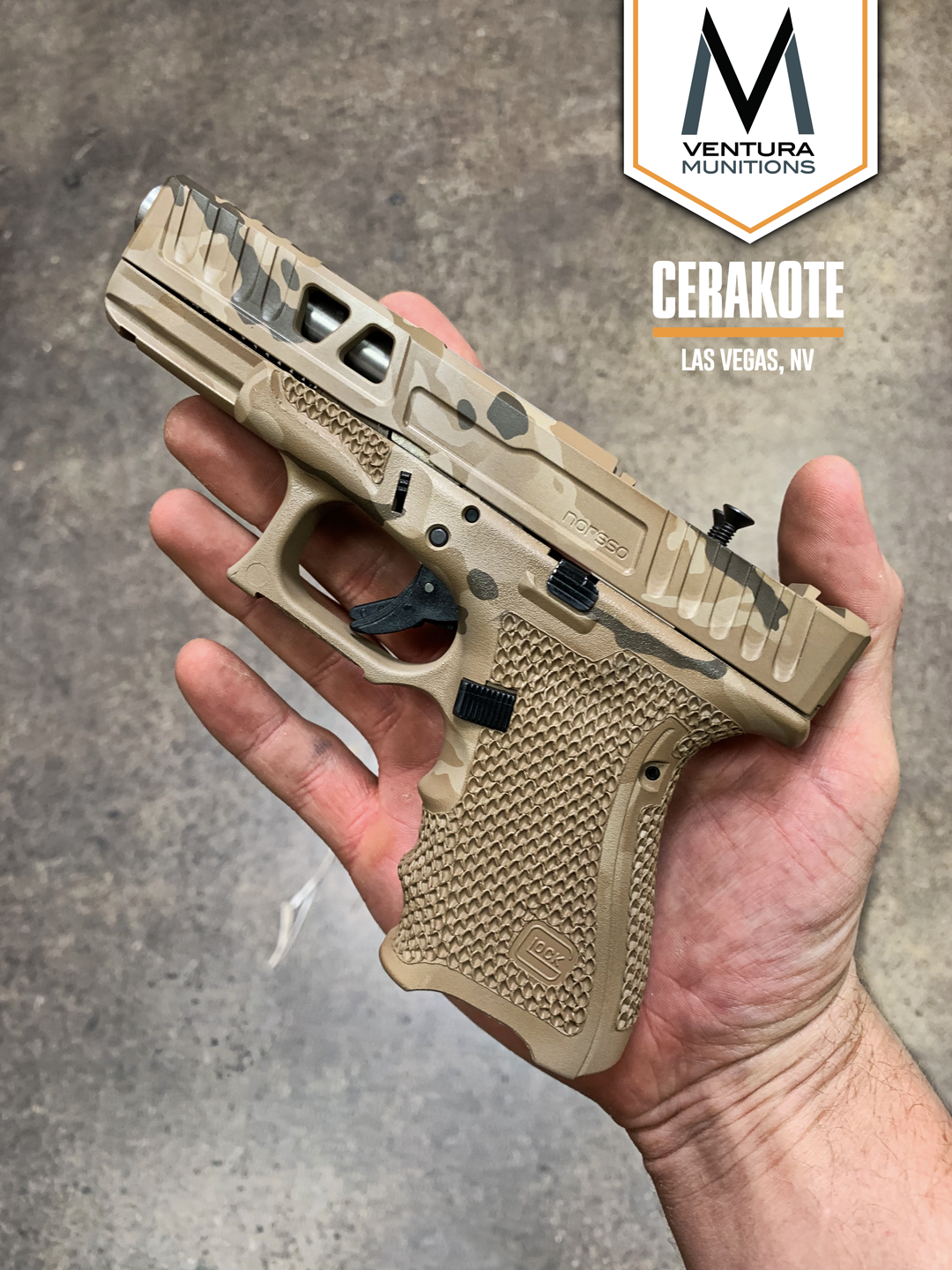 Glock Coating Custom Glock with a Cerakote Desert Camo Finish by MICHAEL GOYAK | Cerakote