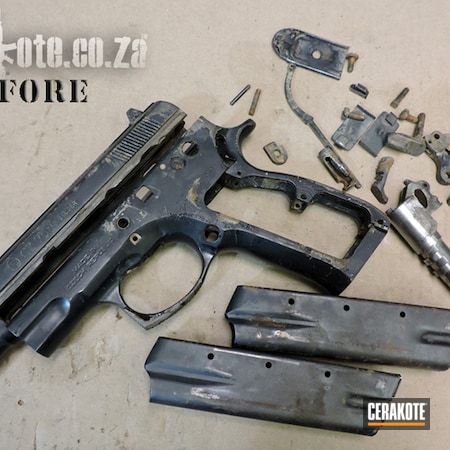 Powder Coating: S.H.O.T,CZ,FIREHOUSE RED H-216,Tungsten H-237,Graphite Black H-146,Gun Coatings,Two Tone,Handguns,CZ 75,Hogue grip,Pistol,Before and After,Restoration,Solid Color