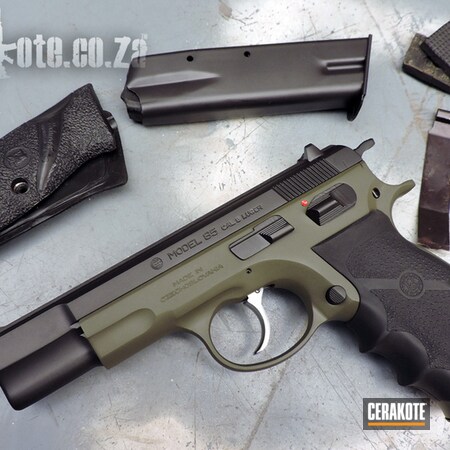 Powder Coating: Graphite Black H-146,Gun Coatings,S.H.O.T,Handguns,Pistol,CZ,CZ-85,O.D. Green H-236,Magazine,Restoration,Hogue