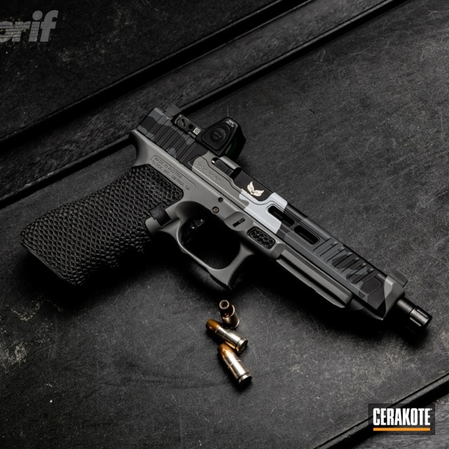 Cerakoted Custom Glock Handgun With A Grey Cerakote Camo Finish