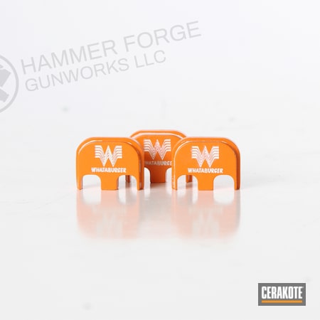 Powder Coating: Hunter Orange H-128,Laser Engrave,Glock,Gun Coatings,Aluminum Backplate,S.H.O.T,SUNFLOWER H-317,TEQUILA SUNRISE H-309,Theme,Whataburger,Slide Cover Plate