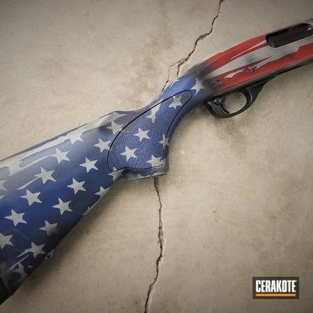 Powder Coating: Gun Coatings,Shotgun,S.H.O.T,DESERT SAND H-199,Remington 870,Remington,American Flag,Old Glory,FIREHOUSE RED H-216,Sky Blue H-169,Distressed American Flag
