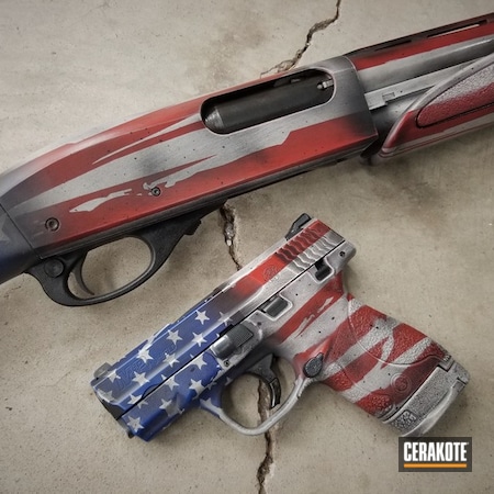 Powder Coating: Hidden White H-242,Matching Set,Smith & Wesson,Smith & Wesson M&P Shield,M&P Shield,S.H.O.T,DESERT SAND H-199,America,Merica,FIREHOUSE RED H-216,Sky Blue H-169,Gun Coatings,Pistol,American Flag,M&P Shield 9mm,Distressed American Flag