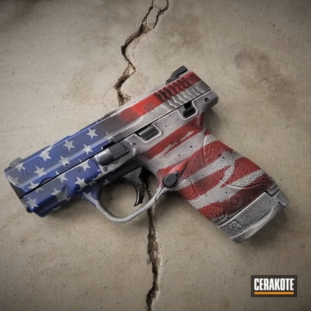 Powder Coating: Hidden White H-242,Matching Set,Smith & Wesson,Smith & Wesson M&P Shield,M&P Shield,S.H.O.T,DESERT SAND H-199,America,Merica,FIREHOUSE RED H-216,Sky Blue H-169,Gun Coatings,Pistol,American Flag,M&P Shield 9mm,Distressed American Flag