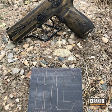 Cerakoted Laser Engraved Family Crest And Cerakoted Sig Sauer P320 Handgun Using H-122 And H-146