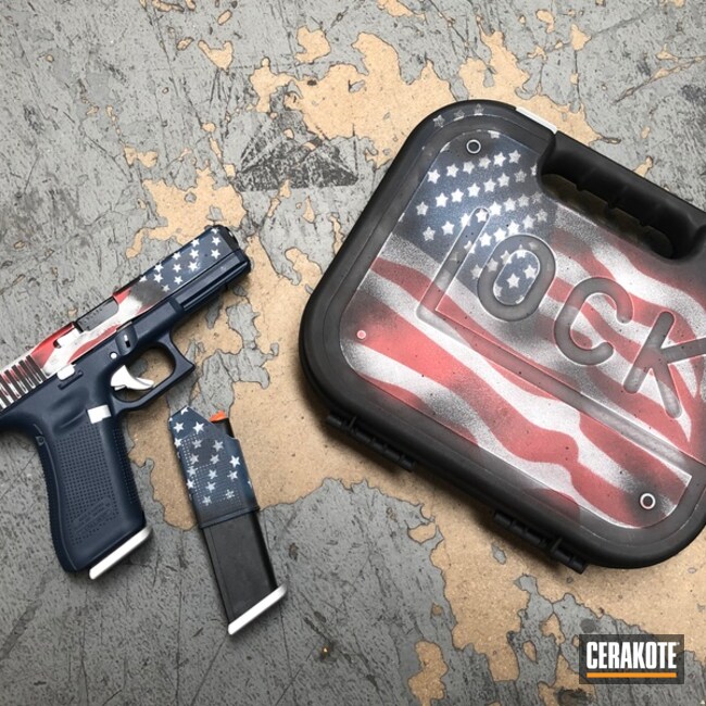 Cerakoted Glock 17 Handgun With An American Flag Cerakote H-190, H-140, H-221, H-151 And H-127 Cerakote Finish