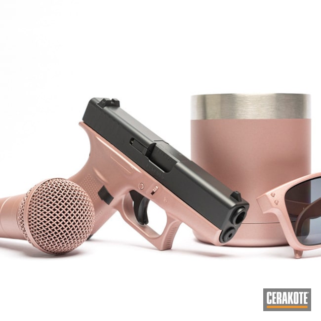 Cerakoted Custom Cup, Sunglasses, Microphone And Glock Handgun Cerakoted With H-327 Rose Gold