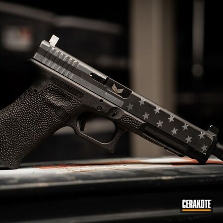 Powder Coating: Graphite Black H-146,Glock,Gun Coatings,S.H.O.T,Pistol,BATTLESHIP GREY H-213,American Flag,Glock 34,Stippled