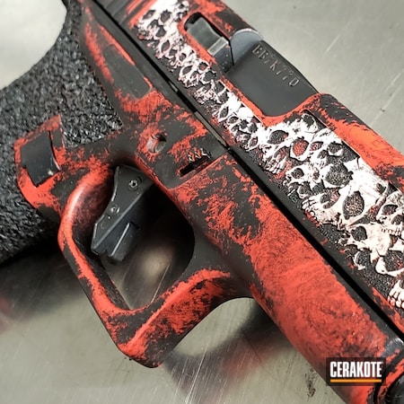 Powder Coating: Glock 43,Glock,Distressed,Gun Coatings,S.H.O.T,Pistol,Armor Black H-190,USMC Red H-167,Engraved,Skull