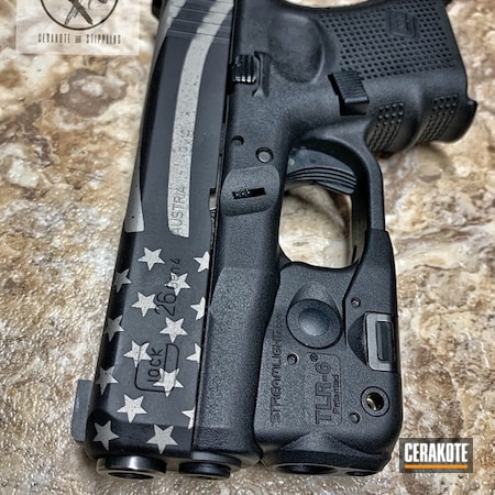 Powder Coating: Glock 26,Graphite Black H-146,Glock,Gun Coatings,Two Tone,S.H.O.T,Pistol,America,American Flag,Tactical Grey H-227,Distressed American Flag