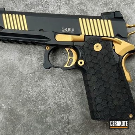 Powder Coating: Graphite Black H-146,Gun Coatings,Two Tone,S.H.O.T,Pistol,Gold H-122,Bul Armory