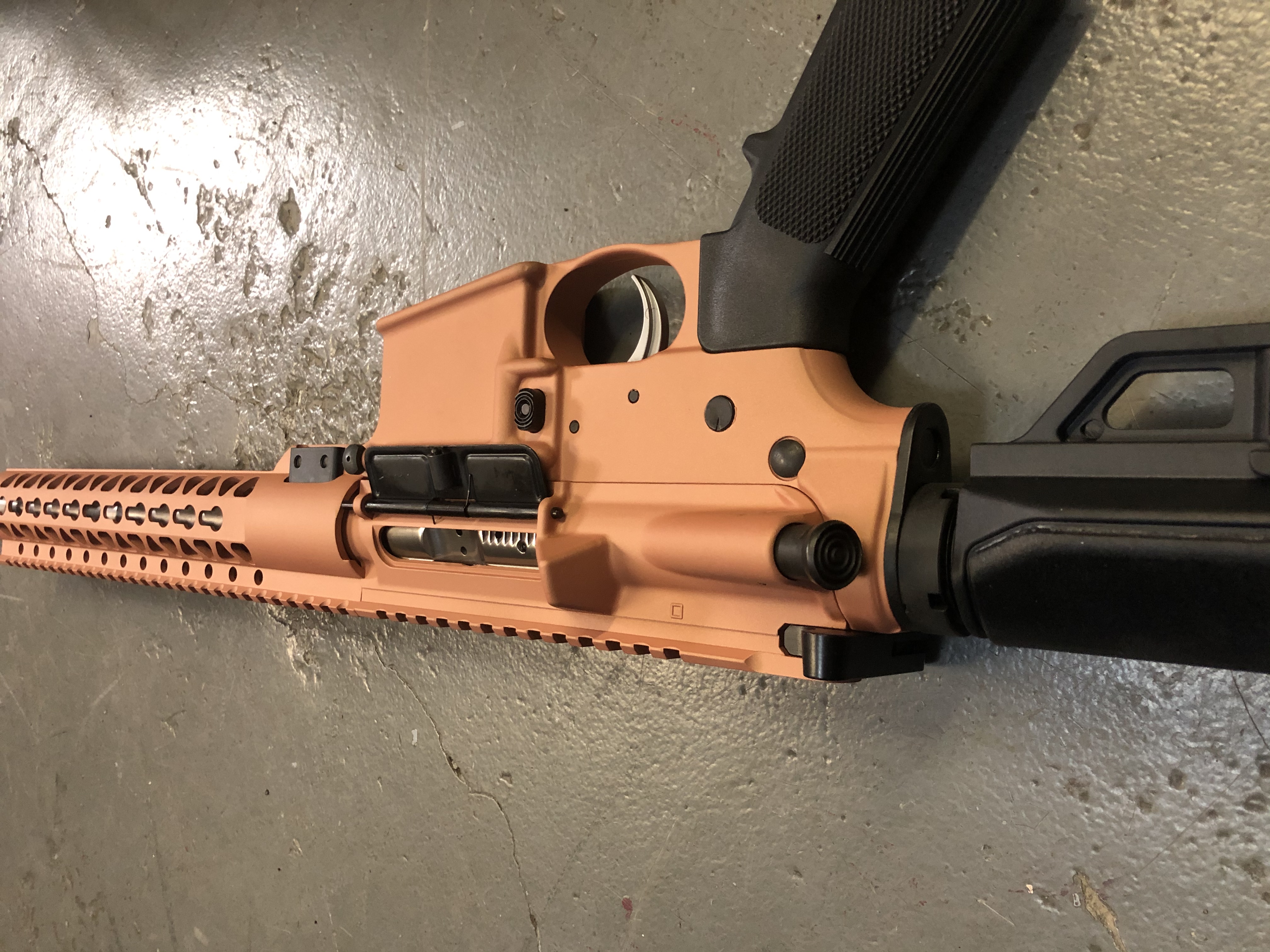 Rose Gold Rifle AR AM15 done in Rose Gold, Copper Suede and Pink Champagne | Cerakote