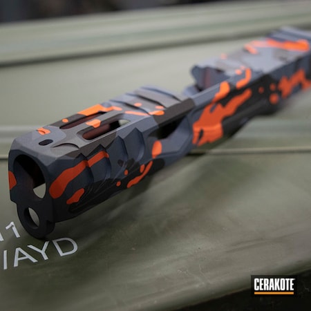 Powder Coating: Hunter Orange H-128,Slide,Graphite Black H-146,S.H.O.T,Combat Grey H-130,Glock 19,Glock Slides,Hazard Camo