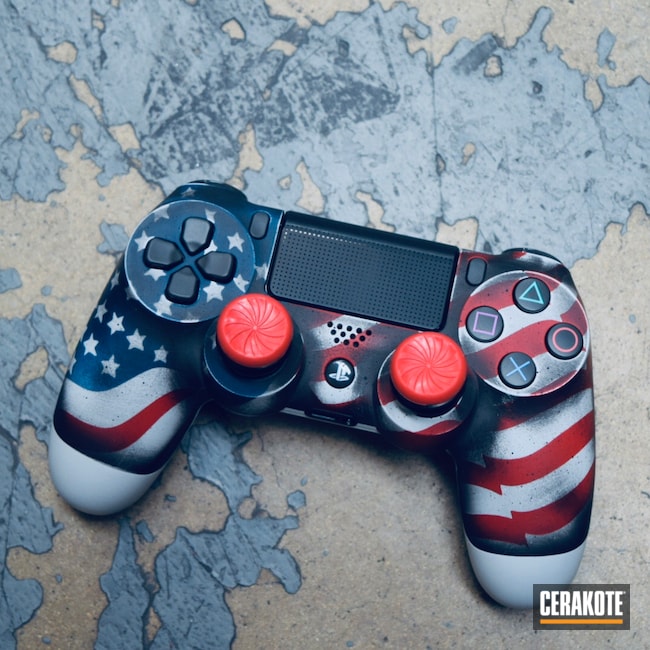 Cerakoted: ps4 remote,Distressed,Video Games,Armor Black H-190,American Flag,More Than Guns,Consumer Electronics,Bright White H-140,Battleworn,Battleworn Flag,RUBY RED H-306,Distressed American Flag,KEL-TEC® NAVY BLUE H-127,Gaming,PS4 Controller