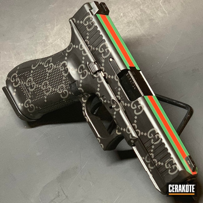 Custom Gucci Glock 17 coated in Squatch Green, Habanero Red, Graphite Black  and Tungsten | Cerakote