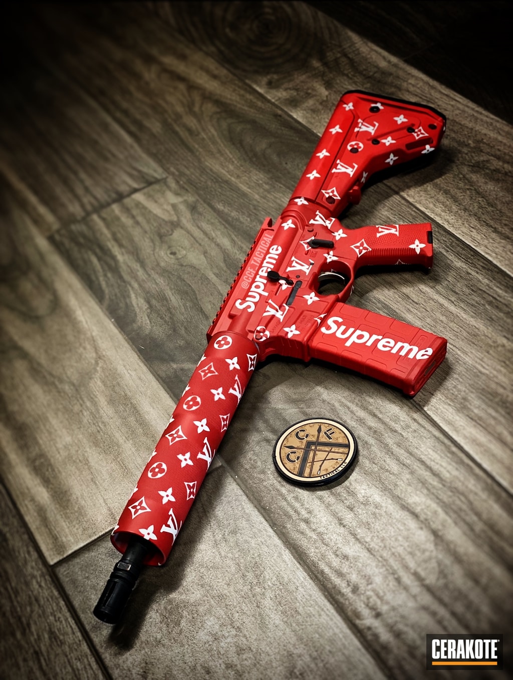 Louis Vuitton Themed Savage Arms AR finished in Snow White and Smith & Wesson® Red | Cerakote