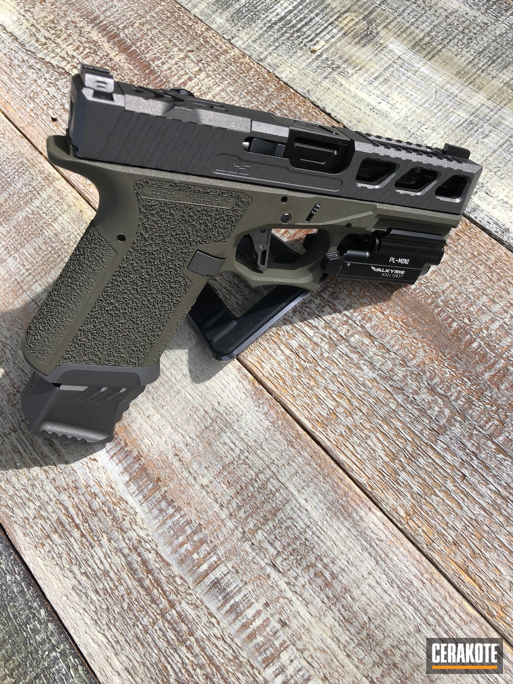 Two Toned P80 Glock Clone Coated With Cobalt Kinetics Green And Tungsten Cerakote