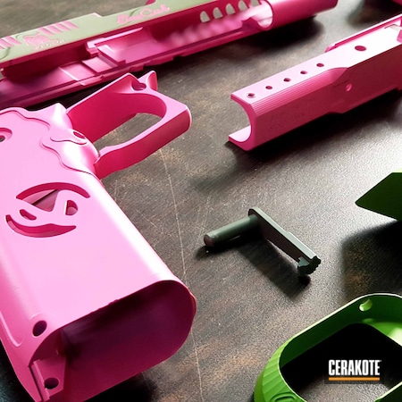 Powder Coating: Gun Coatings,Zombie Green H-168,S.H.O.T,Handguns,Pistol,#custom,Race Gun,Gun Parts,More Than Guns,Prison Pink H-141