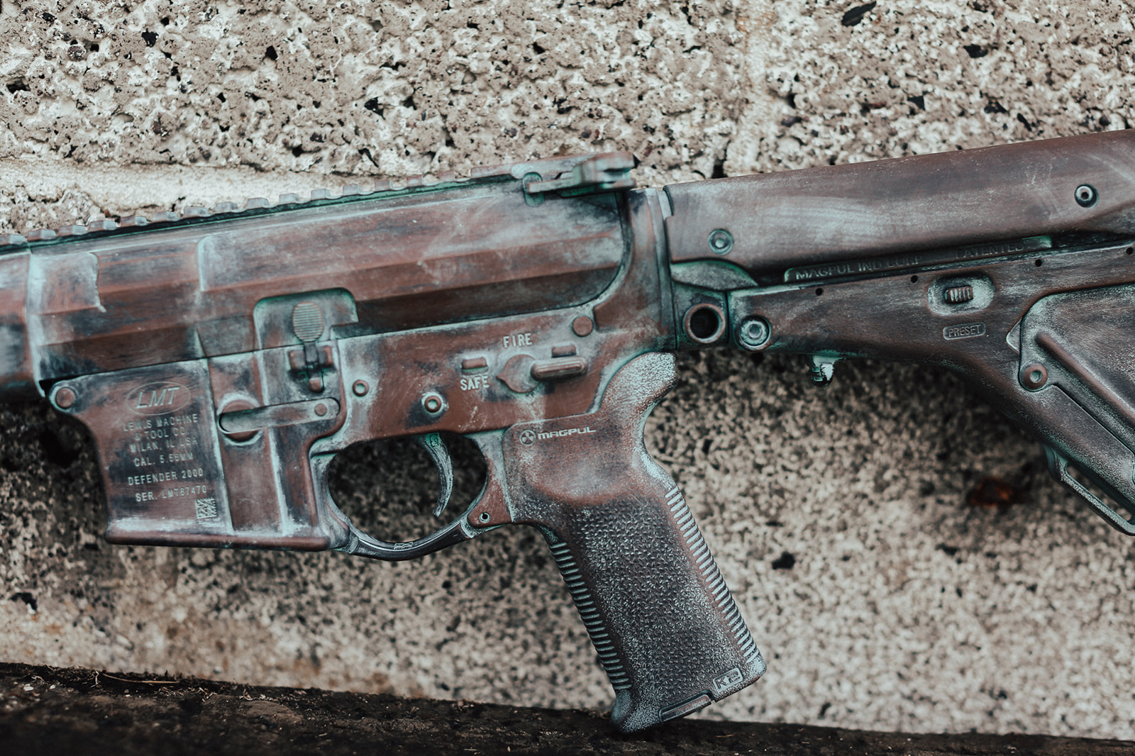 Chipped Coating Rifle Copper Patina Themed LMT Rifle coated in Federal Brown, Graphite Black ...
