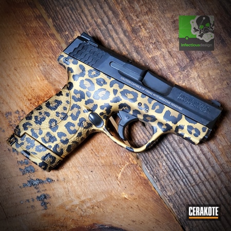 Powder Coating: 9mm,Leopard Print,Conceal Carry,Graphite Black H-146,Smith & Wesson,S.H.O.T,Handguns,Pistol,Gold H-122,Shield,Burnt Bronze H-148