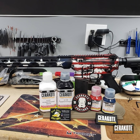 Powder Coating: KEL-TEC® NAVY BLUE H-127,Graphite Black H-146,S.H.O.T,Stormtrooper White H-297,Anderson Mfg.,Tactical Rifle,FIREHOUSE RED H-216,AR-15,Distressed American Flag