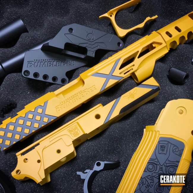 Cerakoted Two Toned Bumblebee Themed Gun Parts In H-144 And H-146