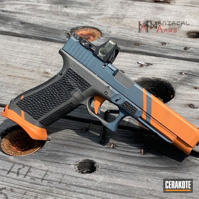 Competition Glock 34 coated with Tequila Sunrise, Graphite Black, Tungsten  and Blue Titanium