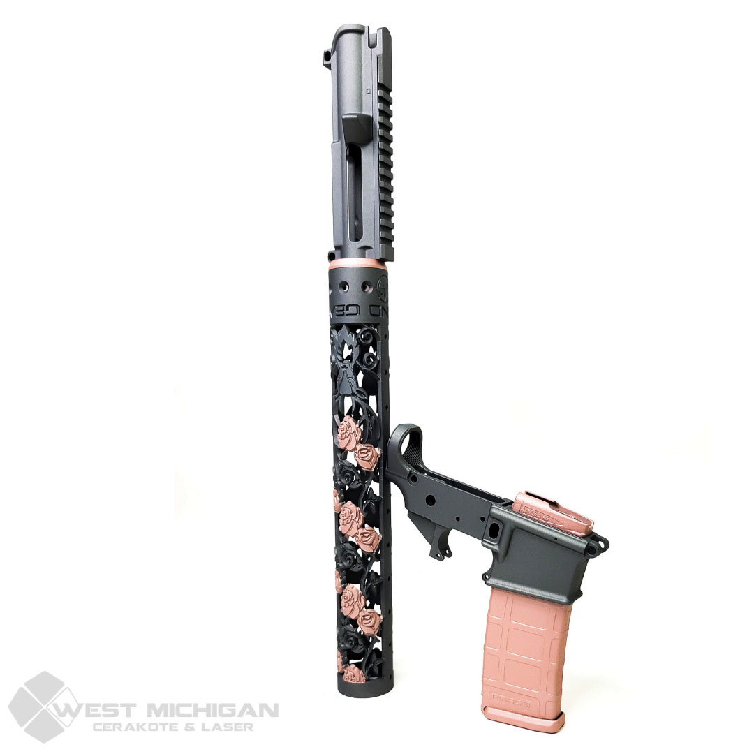 Rose Gold Rifle Rose Themed AR Build done in Rose Gold and Sniper Grey | Cerakote