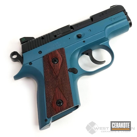 Powder Coating: JESSE JAMES CIVIL DEFENSE BLUE H-401,Firearm,BLACKOUT E-100,S.H.O.T,Pistol,Firearms,Rosewood Grips,CZ 2075 Rami,Handgun