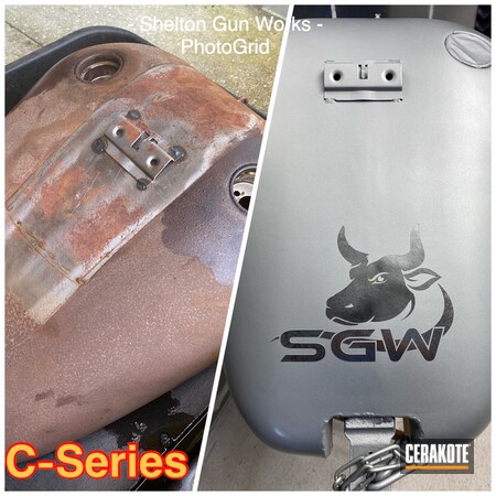 Powder Coating: Gas tank,Refinished,SATIN NICKEL C-124,Gas Tank for HD,Automotive,HIGH GLOSS CERAMIC CLEAR MC-160,Harley Davidson,More Than Guns,Harley Davidson Gas Tank