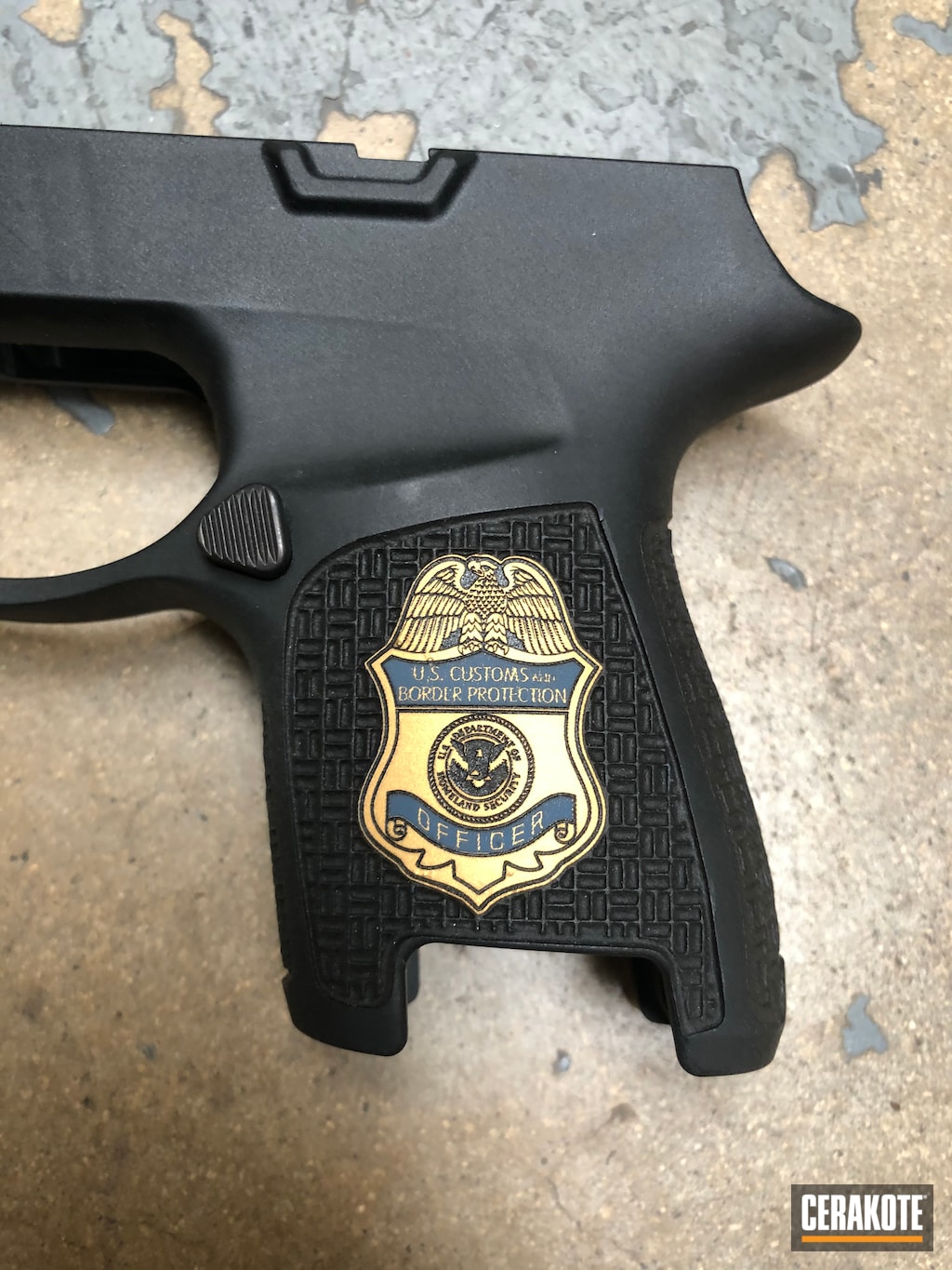 Laser Engraved Sig Pistol Frame Coated In Kel Tec Navy Blue And Gold Cerakote