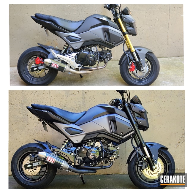 Cerakoted: #125,Exhaust,Motorcycles,Motorcycle Forks,More Than Guns,Automotive,Grom Life,Honda Grom,Before and After,Gloss Black H-109,Motorcycle Parts,Motorcycle Pegs,Cobalt V-168