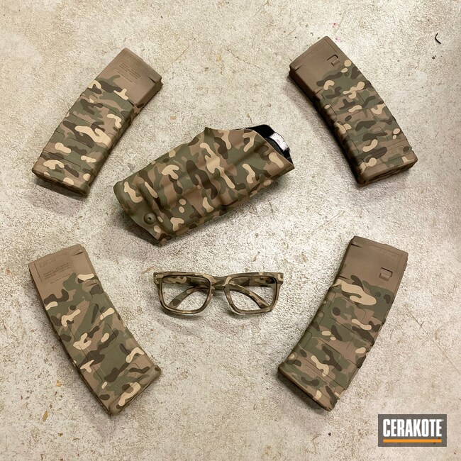 Multicam Safari Theme Magazines, Glasses And Holster Coated Using Chocolate Brown, Multicam® Olive And Multicam® Dark Green