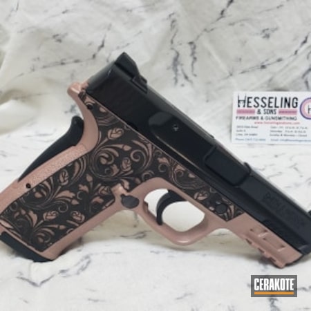 Powder Coating: ROSE GOLD H-327,Engraving,Personalized,Ladies,M&P Shield,Gloss Black H-109,S.H.O.T,Hesseling and Sons,Guns And Roses,M&P 380,Hesseling Precision,380EZ