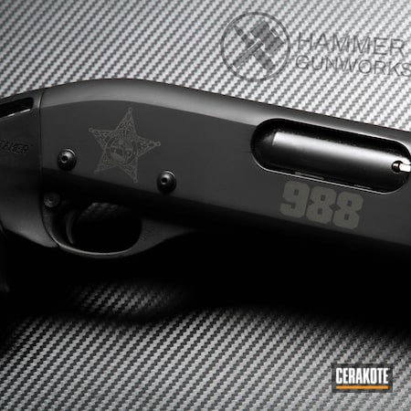 Powder Coating: Graphite Black H-146,Shotgun,Sheriff's Department,S.H.O.T,Pump-action Shotgun,Laser Engraving,Remington 870,Remington,Police,Laser Engraved