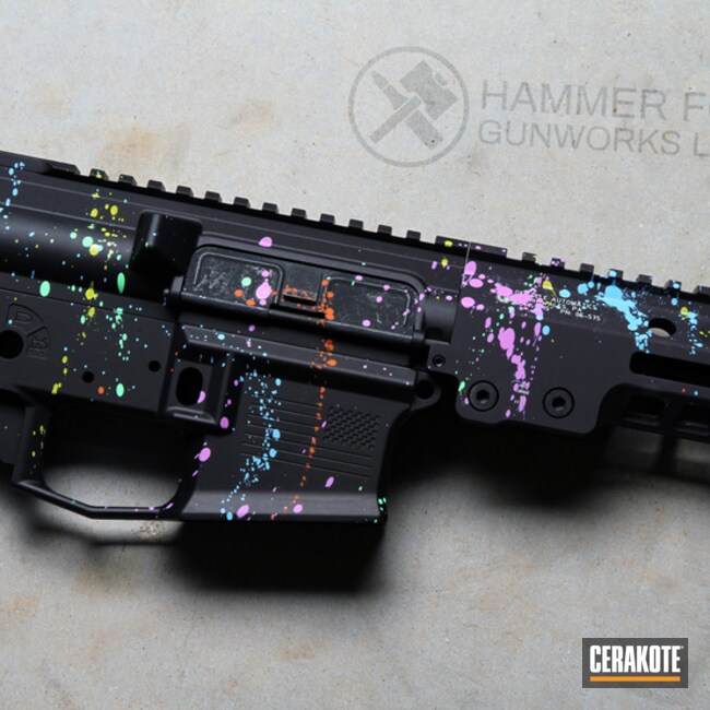 Paint Splatter Ar Upper And Lower Cerakoted Using Blue Raspberry, Electric Yellow And Hi-vis Orange