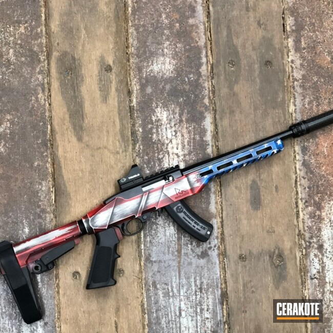 Ruger Charger And Distressed Unites States Flag Rival Arms R22 Chassis Cerakoted Using Snow White, Usmc Red And Nra Blue