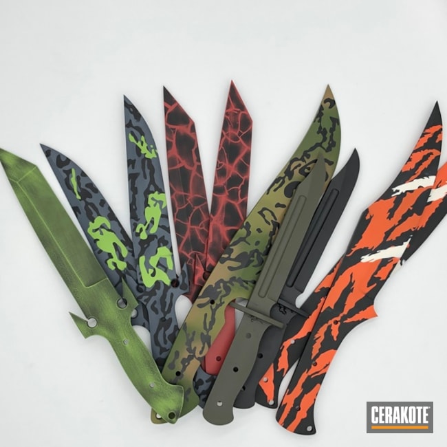 Custom Kidder Knives Cerakoted Using Hunter Orange, Bright White And Graphite Black