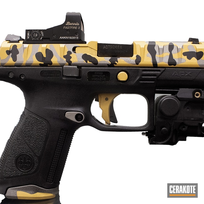 9mm Beretta Apx Cerakoted Using Gun Metal Grey, Armor Black And Gold