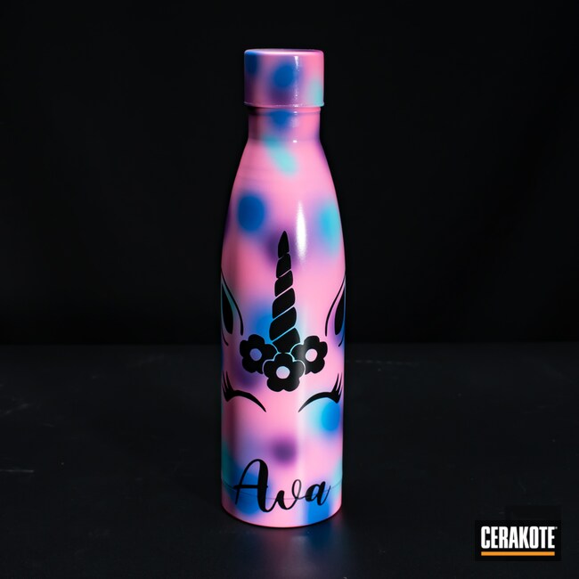 Unicorn Themed Water Bottle Cerakoted Using Pink Sherbet, Sky Blue And Graphite Black
