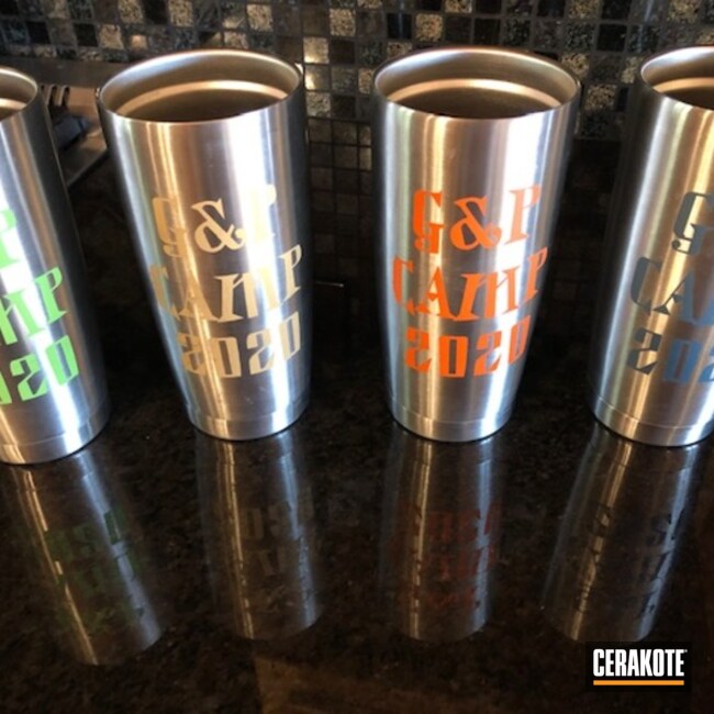 Custom Aluminum Mugs Cerakoted Using Hunter Orange, Zombie Green And Corvette Yellow