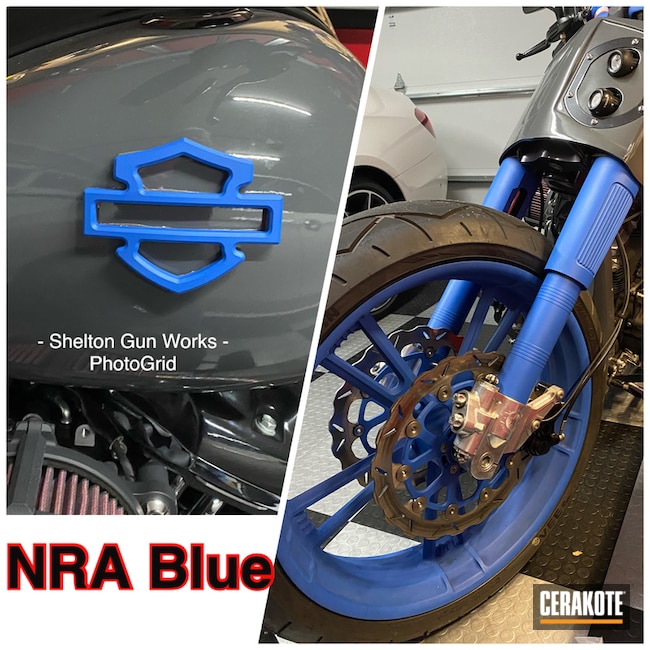 Harley Davidson Forks, Wheels And Emblem Cerakoted Using Nra Blue